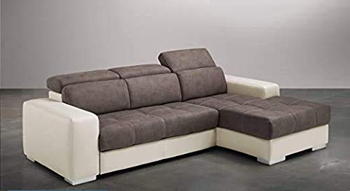 Dafne Italian Design Divano Letto angolare 3 posti con penisola a Destra. Similpelle Milk, Similpelle Effetto Nabuk Elephant (cm. 259 x 178 x 94h)