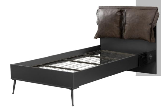 Dafne Italian Design Letto singolo Nitro colore grigio antracite con cuscini imbottiti in similpelle sullo schienale, cm. 107 X 105 X 206 comprensivo di materasso cm. 100x200x25.