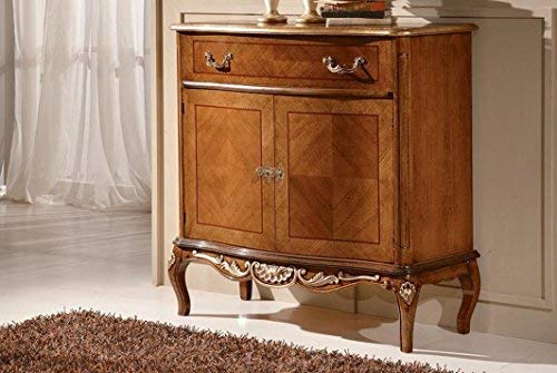 Credenza piccola, 2 ante 1 cassetto, colore legno scuro, decorazioni oro - Dimensioni: 101 cm - 46 cm - H 100 cm ? 0,51 Mc ? Stile classico - 100% Legno - 100% Made in Italy (SF17)