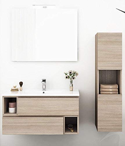 Mobile da bagno sospeso misura L.91 P.46 Finitura: Olmo Terra, specchio, 2 cassetti, 2 vani a giorno, colonna sospesa - Top lavabo in resina