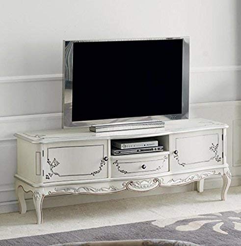 Base Porta Tvantevano e 1 cassetto, colore bianco, decorazioni argento -cm: 150 cm - 49 cm - H 56 cm ? 0,45 Mc ? Stile classico - - 100% Made in Italy (SF17)