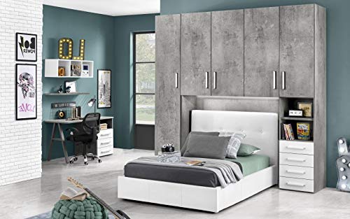 Dafne Italian Design Cameretta a Ponte n. 5 ante; effetto cemento grigio; cemento grigio; bianco luna