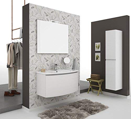 Dafne Italian Design Mobile da bagno sospeso Misura: cm L.91-P.36/46-45 e colonna due ante cm. 30x35x155, specchio - Finitura: Bianco Lucido