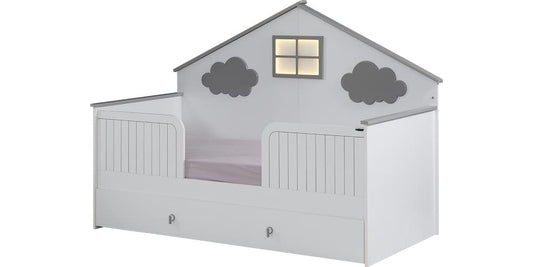 TUTTOCAMERETTE.IT - Cameretta completa per bambino/a bianca stile casetta con nuvolette; comprende letto singolo, armadio tre ante, como', panca porta giochi - [LVT]