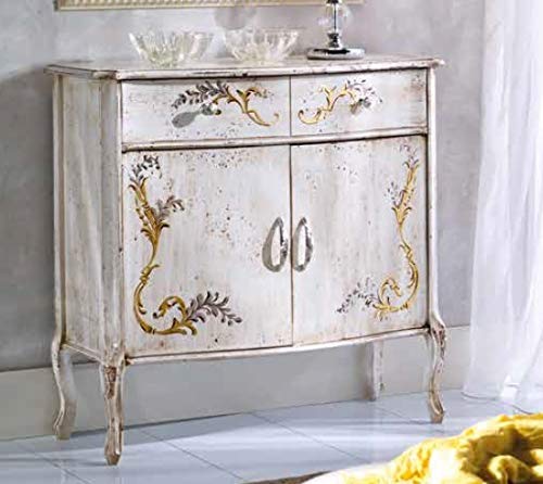 Dafne Italian Design Com?, due ante, un cassetto, colore bianco avorio, decorazioni oro -cm: 87 cm - 38 cm - H 83 cm - i in Abete massello - 100% Made in Italy (GF17)