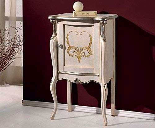Dafne Italian Design Vetrina bassa 1 anta, gamba alta, colore bianco perla, decorazioni oro e argento, pannello chiuso -cm: 61 cm - 40 cm - H 100 cm. - 100% Made in Italy (SF17)
