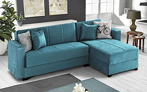 Dafne Italian Design Divano letto angolare 2 posti - Tessuto maya turchese - penisola destra - (cm. 225 x 158 x 86h)