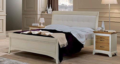 Letto matrimoniale colore avorio, testiera imbottita in pelle bianca, effetto vintage, 120X215X174 - per rete 160X190,60 Kg,Testiera e pediera cornice in legno massiccio di noce toulipier