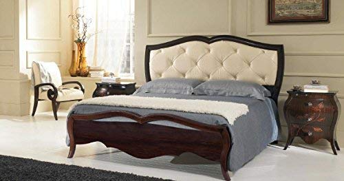 Dafne Italian Design Letto matrimoniale color ebano, testiera in pelle avorio imbottita, 133X 205X185 - per rete 160X190, 65 Kg,Testiera-pediera: in noce toulipier-Usare rete H totale cm 40.