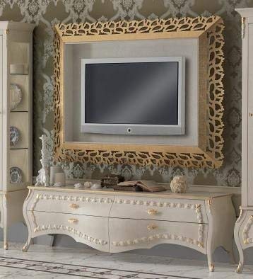 Dafne Italian Design Base p/Tv bianca, decorazione con foglia oro, H. 59 x P. 52 x L. 190,in legno massiccio ebano