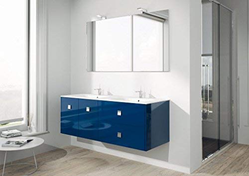 Dafne Italian Design Mobile da bagno blu lucido c/doppio lavabo e specchio rett. e led - Base con 2 ante,2 cassetti, 2 lavabi integrati