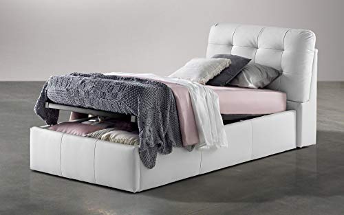 Similpelle bianco Letto singolo con contenitore. cm. 100 x 222 x 105h (Serie: Dafne-Letti-ST5)