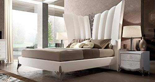 Dafne Italian Design Letto matrimoniale c/giroletto in pelle bovina bianco ghiaccio, 186X228X246 - per rete 160X190, 110 Kg. Struttura in legno di abete e multistrato di pioppo