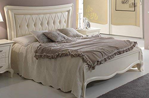 Dafne Italian Design Letto matrimoniale, colore avorio, in noce, schienale noce e pelle bovina 135X205X192 - per rete 160x190, 65 Kg, 100% Made in Italy