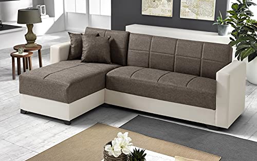 Dafne Italian Design Divano letto angolare 2 posti - Similpelle avorio, tessuto caffe - penisola sinistra - (cm. 225 x 158 x 86h)