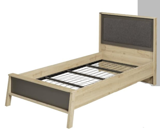 Dafne Italian Design Letto una piazza e mezza Cariola colore legno e grigio con schienale in tessuto grigio, cm. 137 X 203 X 211 comprensivo di materasso cm. 120x200x25.