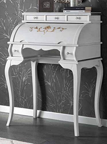 Dafne Italian Design Scrittoio da Studio Laccato Bianco e Oro, Stile Classico (cm. L. 78 - H. 105 - P. 47) (TVG)