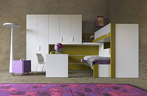 Dafne Italian Design TUTTOCAMERETTE.IT - Cameretta per Ragazze (Letti a Castello, Scrittoio ; Scala Contenitore ; Armadio a Ponte ; Libreria, Comodino) - Bianco, Verde Oliva, Lavanda