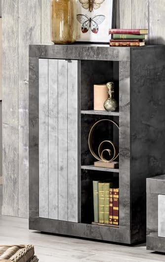 Mobile da soggiorno moderno "Urby" colore grigio chiaro e grigio scuro: base tv cm. 184x42x42; un pensile vetrina sospesa cm. 78x30x113; una mensola sospesa cm. 138x19x16; una madia cm. 78x35x114