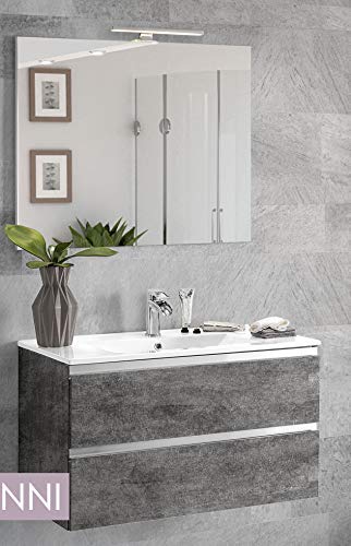 Mobile da bagno sospeso con lavabo cm. 80 x 46 x 51h. - colore grigio scuro effetto legno - 2 cassettoni con maniglia a gola, lavabo e specchio con luce a Led