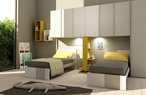 Dafne Italian Design Cameretta per Ragazzi - n. 2 Letti singoli; n. 1 Armadiatura a ponte ; Librerie pensili - Finiture: Bianco, Grigio Caldo Medio, Ocra - 100% Legno ? 100% Made in Italy (SF30)