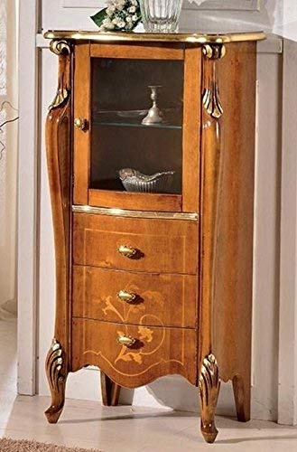 Dafne Italian Design Vetrina 1 anta e 3 cassetti, noce scuro, decorazioni oro -cm: 60 cm - 40 cm - H 120 cm - Stile classico - 100% Made in Italy (SF17)
