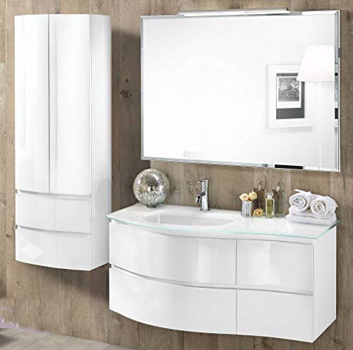 Dafne Italian Design Mobile da bagno sospeso cm. 110x55x190 con lavabo in vetro e specchio - colonna sospesa: 150x50x26 finitura bianco lucido.