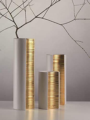 Set di Vasi Decorativi Moderni in Ceramica Artistica Italiana, Colore Bianco con Decori Foglia Oro zecchino; Arredamento moderno per la casa.