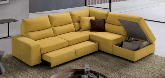 Dafne Italian Design Divano angolare tre posti con letto carrello e poltrona contenitore in tessuto color senape - misure cm. L 259x229 l 95 H 96 - Made in Italy