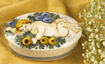Dafne Italian Design Set di bomboniere per battesimo e comunione da 20 pezzi: scatola ovale in ceramica con coperchio - Dimensioni: 2,5 × 3,3 h 3,6 cm. Made in Italy.