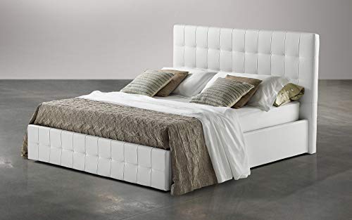 Dafne Italian Design Letto matrimoniale contenitore rivestito in similpelle bianco, rete ortopedica a doghe in legno 180x210x116h cm.