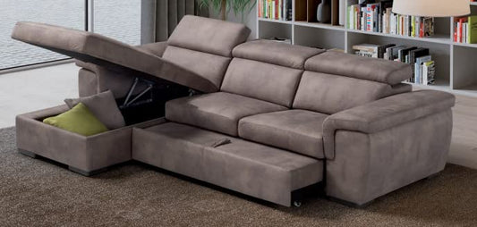 Dafne Italian Design Divano tre posti con letto carrello e chaise longue contenitore in tessuto colore tortora - misure cm. L 283x171 l 102 H 77 - Made in Italy