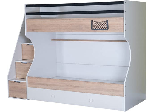 TUTTOCAMERETTE.IT - Cameretta completa per ragazzi stile moderno colore bianco e legno chiaro comprende: letto a ponte compatto con materassi, armadio angolare, scrivania, sedie girevole- [LVT]