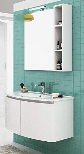 Dafne Italian Design Mobile da bagno sospeso bianco con lavabo integrato Misura: L.91 P.36/46, specchio luci led con vani a giorno - 100% made in Italy