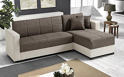 Dafne Italian Design Divano letto angolare 2 posti - Similpelle avorio, tessuto caffe - penisola destra - (cm. 225 x 158 x 86h)
