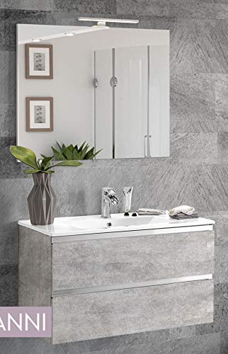 Mobile da bagno sospeso con lavabo misura cm. 80 x 46 x 51h. -colore grigio chiaro effetto legno- 2 cassettoni con maniglia a gola, lavabo e specchio con luce a Led.
