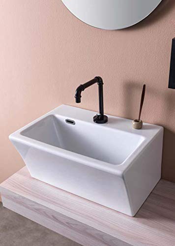 Dafne Italian Design Mobile da Bagno ad Uso Lavanderia Legno Olmo Perla (cm. L98 x P37,5 x H12), Lavabo in Ceramica, Mensolone Porta lavabo, Portasciugamano, Specchio, Lampada Nera a Sospensione