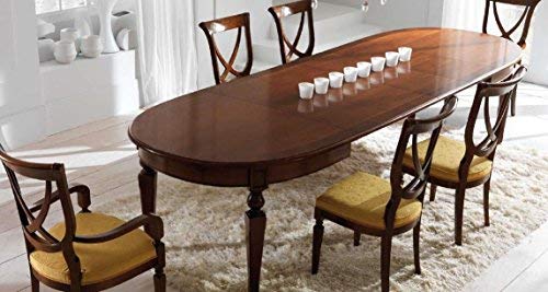 Tavolo ovale allungabile, colore legno scuro, chiuso 170x110, aperto 330x110, H.78,5, 70 Kg, piano in legno massiccio di tiglio o noce intarsiato con acero bianco. 100% Made in Italy