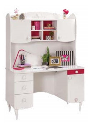 Dafne Italian Design Scrivania bianco e fuxia172x124x61 cm, cassetto - mensole- due ante porta oggetti - nella parte inferiore cassettiera e mensola con sportello - piedi intagliati