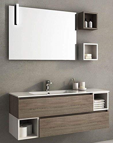 Dafne Italian Design Mobile da bagno sospeso Misura: L.140 P.46 cm finitura rovere tranche'- specchio c/luci a led - tre pensili e cassetti - lavabo integrato in ceramica - made in Italy