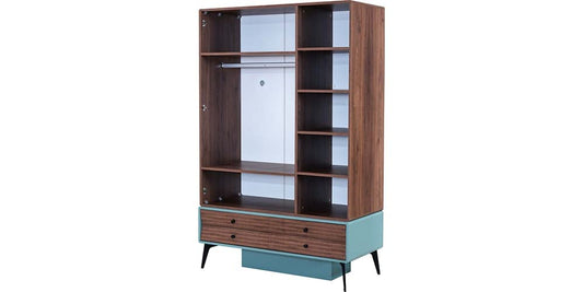 Dafne Italian Design Armadio tre ante con specchio Kampus colore bianco, legno e azzurro misura cm.130x201x61