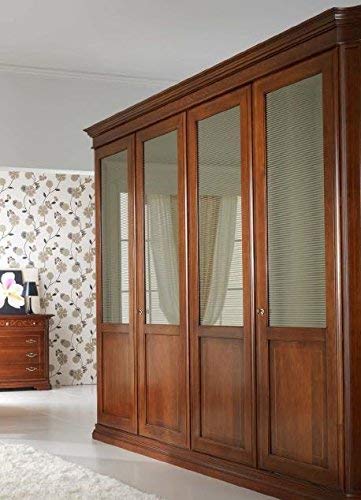 Armadio 4 ante, cassettiera interna 3 cassetti, specchio interno, colore legno scuro, 252X68X296, 195 Kg, Struttura e ripiano: tamburato telaio in abete impiallacciato con noce - 100 % Made in Italy