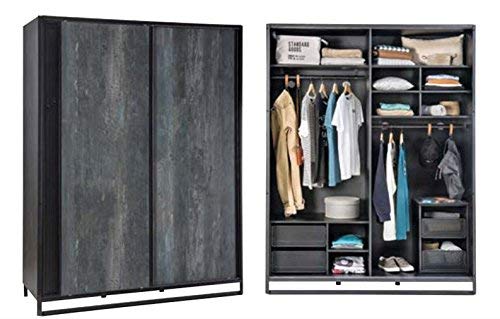 Armadio 2 ante scorrevoli, noce nero - 210X58X162 cm - mensole, barra appendi abiti e cassettiere