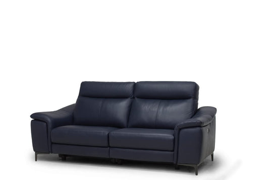 Dafne Italian Design Divano tre posti in vera pelle colore blu con doppio recliner e poggiatesta elettrici - misure cm. L 216 - l 102 - H 100 - Made in Italy