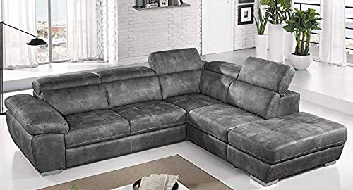 Dafne Italian Design Divano Letto angolare 3 posti con penisola a Destra. Similpelle Effetto Nabuk Cenere (cm. 285 x 245 x 97h)
