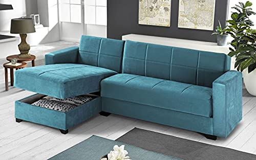 Dafne Italian Design Divano letto angolare 2 posti - Tessuto maya turchese - penisola sinistra - (cm. 225 x 158 x 86h)