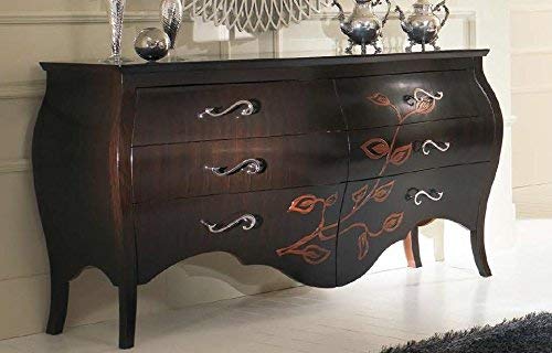 Dafne Italian Design Com� grande, sei cassetti, colore ebano, decorazione foglia, 96X60X174, 120 Kg, Piano: legno massiccio - Ante: curvate pioppo - Piedi: legno massiccio tiglio-100% Made in Italy