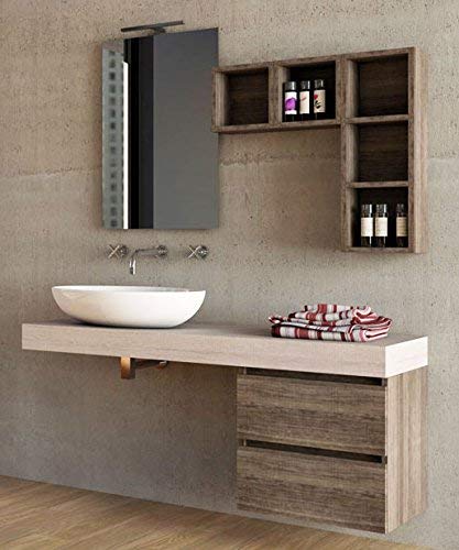 Dafne Italian Design Mobile da bagno sospeso Misura: L.140 P.46 cm Finitura Rovere scuro e chiaro - lavabo ad appoggio in ceramica - specchio - pensili a giorno100% made in Italy