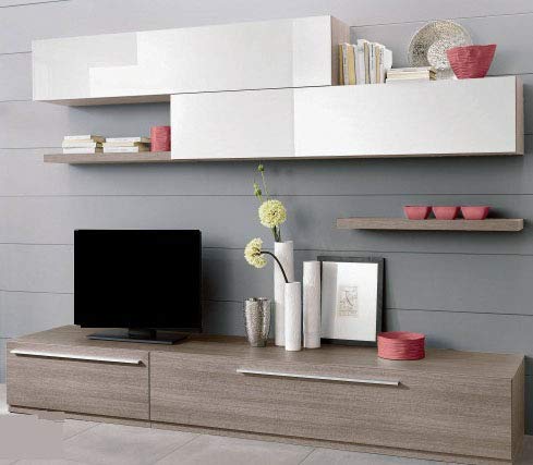 Parete componibile - rovere e bianco - due cassettoni, -porta televisore, pensili alti apertura basculante - 27x46x203h
