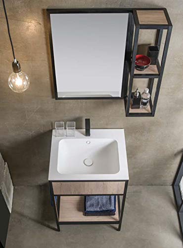 Dafne Italian Design Mobile da bagno ad uso lavanderia con lavabo in Ocritech finitura effetto legno olmo (cm. L58 x P50 x H87), specchio con mensole